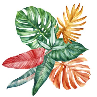 Renkli palmiye yaprakları, çiçekler. Tropik kompozisyon, elle çizilmiş suluboya botanik resim. Orman kartı. Yüksek kaliteli illüstrasyon