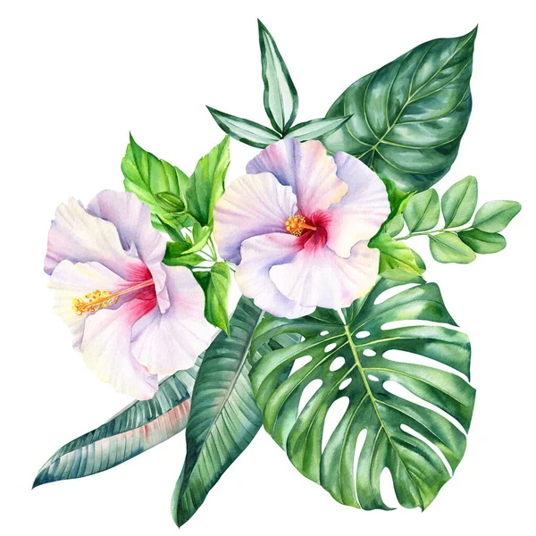 Kolorowe Liście Palmy Kwiaty Hibiskusa Kompozycja Tropikalna Ręcznie Rysowany Akwarelowy — Zdjęcie stockowe