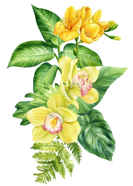 Кольорове Пальмове Листя Квіти Тропічна Композиція Намальований Вручну Акварельний Ботанічний — стокове фото
