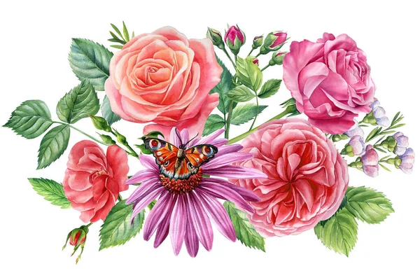 Állítsa Rózsaszín Rózsa Gyönyörű Virág Egy Elszigetelt Fehér Háttér Akvarell — Stock Fotó