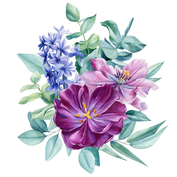 春の花 孤立した白い背景にチューリップの花 水彩植物画 花のデザイン 高品質のイラスト — ストック写真