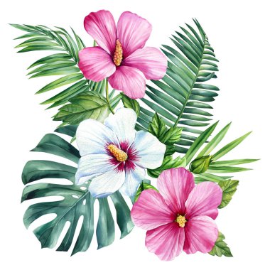 İzole edilmiş beyaz arka planda renkli tropik çiçekler ve palmiye yaprakları, suluboya botanik resim. Yüksek kaliteli illüstrasyon