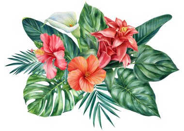 İzole edilmiş beyaz arka planda renkli tropik çiçekler ve palmiye yaprakları, suluboya botanik resim. Yüksek kaliteli illüstrasyon