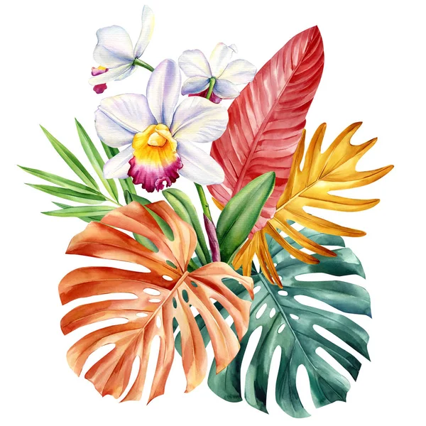 孤立した白い背景に色熱帯の花やヤシの葉 水彩植物画 高品質のイラスト — ストック写真
