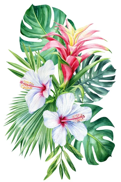 Χρωματιστά Τροπικά Λουλούδια Και Φύλλα Φοίνικα Απομονωμένο Λευκό Φόντο Ακουαρέλα — Φωτογραφία Αρχείου