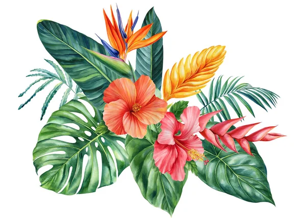 Farbige Tropische Blumen Und Palmenblätter Auf Isoliertem Weißem Hintergrund Aquarell — Stockfoto