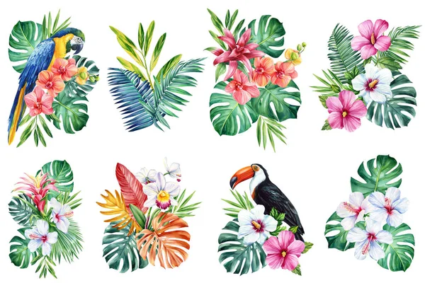 Farbige Tropische Blumen Und Palmenblätter Auf Isoliertem Weißem Hintergrund Aquarell — Stockfoto