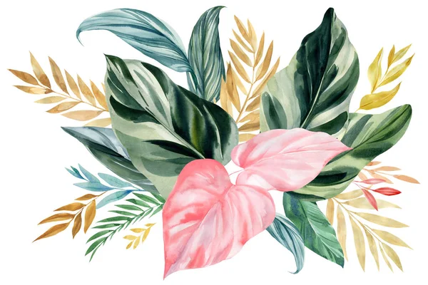 Wielokolorowe Liście Tropikalne Białym Tle Akwarelowe Malarstwo Botaniczne Egzotyczne Kwiaty — Zdjęcie stockowe