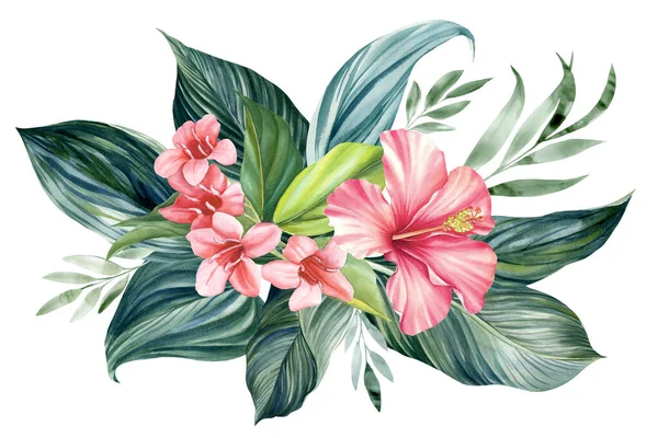 Wielokolorowe Liście Tropikalne Białym Tle Akwarelowe Malarstwo Botaniczne Egzotyczne Kwiaty — Zdjęcie stockowe