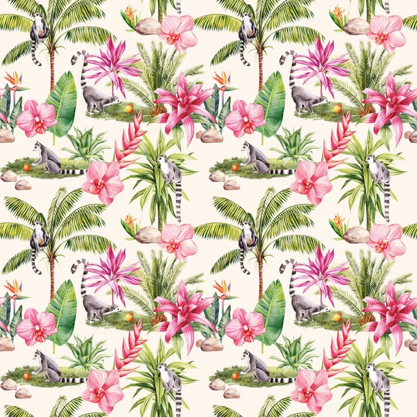 Palmblätter Blumen Und Tiere Tropischer Hintergrund Handgezeichnete Aquarellmalerei Nahtloses Muster — Stockfoto