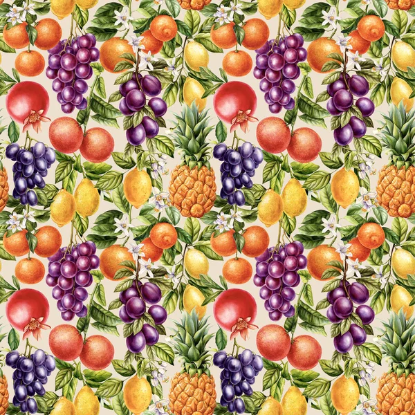 Sfondo Tropicale Colorato Pittura Botanica Acquerello Disegnata Mano Frutta Modello — Foto Stock