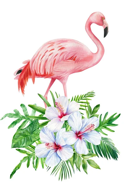 Egzotikus Virágok Pálmalevelek Flamingók Elszigetelt Fehér Háttér Akvarell Botanikus Festészet — Stock Fotó