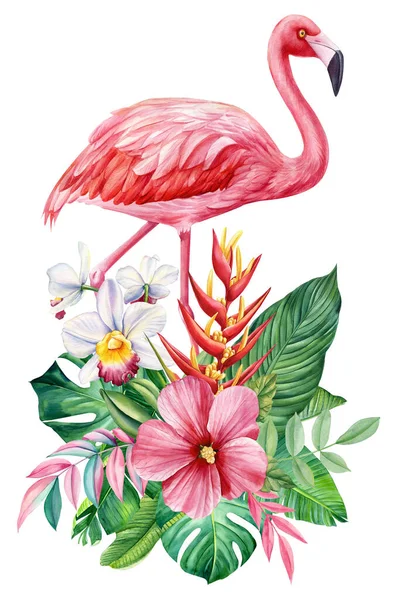 异国花 有叶子 花和火烈鸟的热带安排 邀请函 海报设计 高质量的例证 — 图库照片