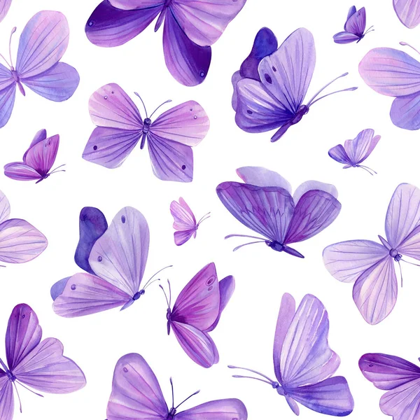 蝶紫色の背景にシームレスなパターン 水彩イラスト 高品質のイラスト — ストック写真