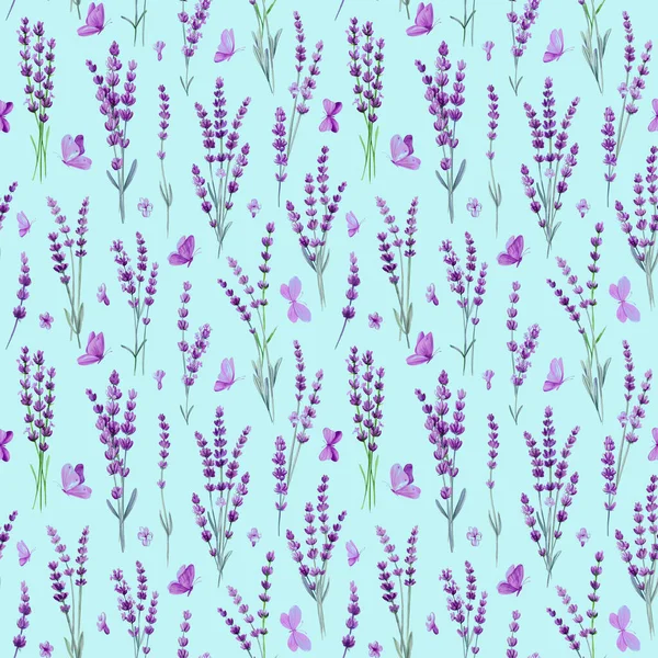 Фиолетовые Цветы Бабочка Лавандовый Ручной Рисунок Цветочный Акварель Цветочный Бесшовный — стоковое фото