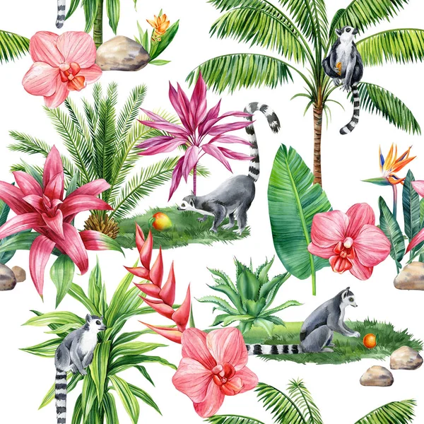 棕榈叶 花和动物 热带背景 手绘水彩画 无缝图案 丛林壁纸 高质量的例证 — 图库照片