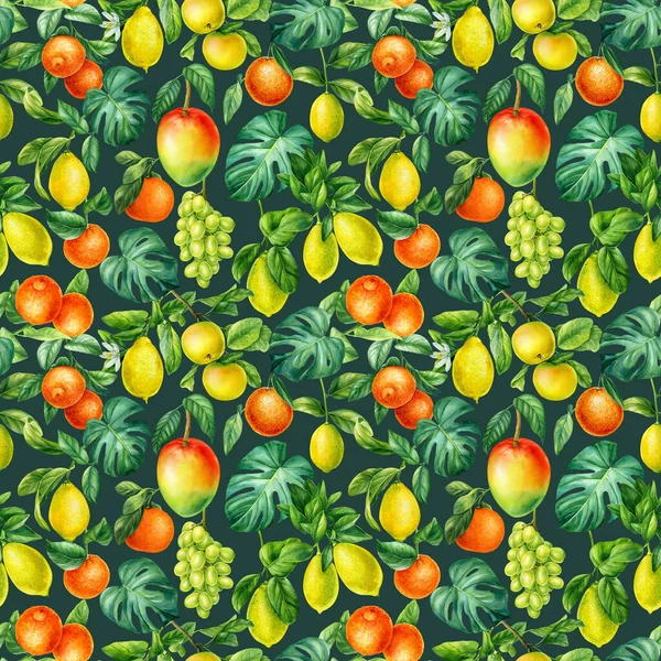 色熱帯の背景 手の水彩画植物画を描いた フルーツシームレスパターン 甘い壁紙 高品質のイラスト — ストック写真