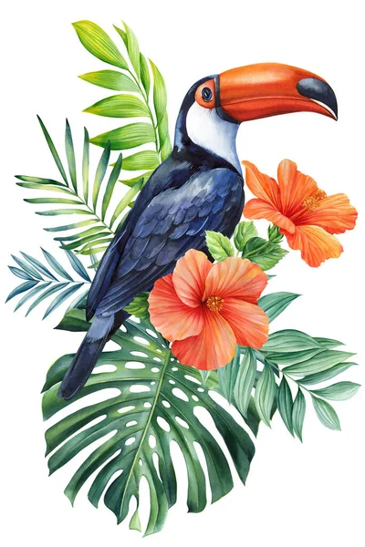 Belle Illustration Aquarelle Oiseau Tropical Dessin Main Perroquet Fleurs Feuilles — Photo