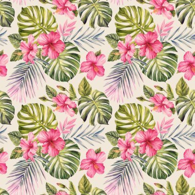 Çiçeksiz desen, duvar kağıdı tropikal yeşil palmiye yaprakları ve cennet çiçeklerinden bir kuş, suluboya botanik arka plan. Yüksek kaliteli illüstrasyon