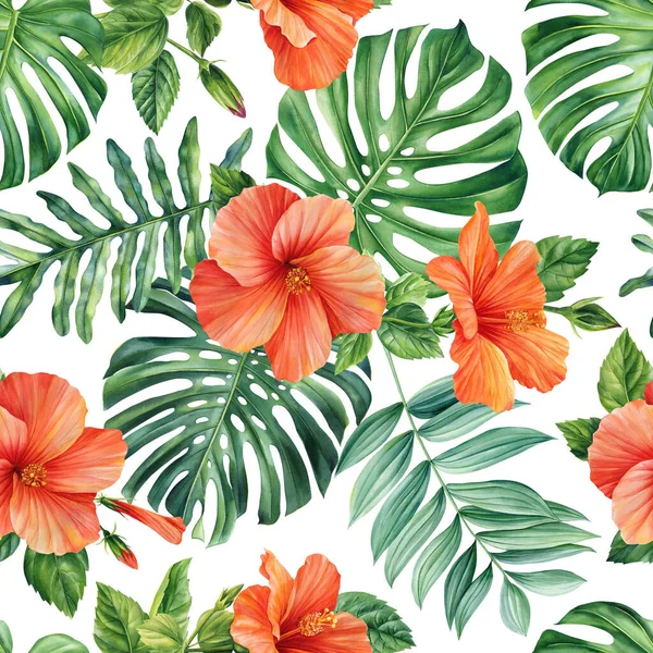 Floral Nahtlose Muster Tapete Tropischen Grünen Palmenblättern Orangefarbenen Hibiskusblüten Aquarell — Stockfoto