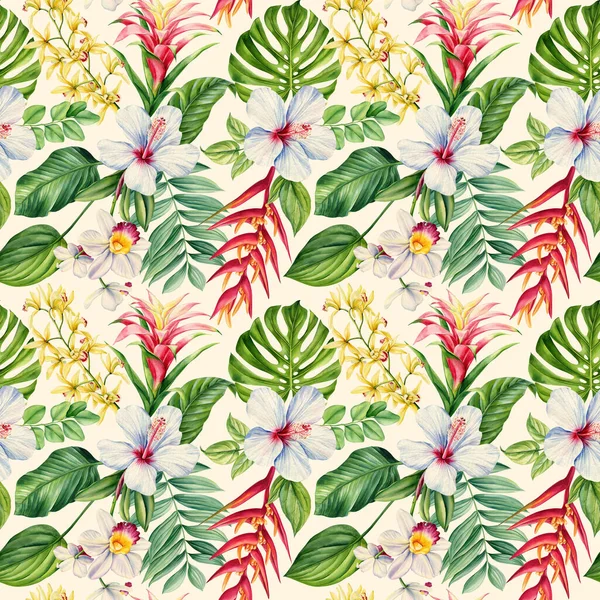 Floral Nahtlose Muster Tapete Tropischen Grünen Palmenblättern Und Strelitzia Paradiesvogel — Stockfoto