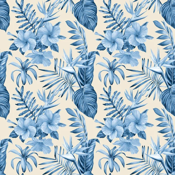 壁紙熱帯のヤシの葉 楽園の花のStrelitzia鳥 水彩植物のシームレスなパターン 高品質のイラスト — ストック写真