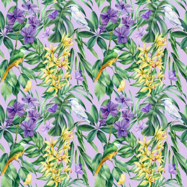 Yaz tropik orkide çiçekleri, kelebek ve palmiye yaprağı. Bitkilerle suluboya çiçek arkaplanı. Yüksek kaliteli illüstrasyon