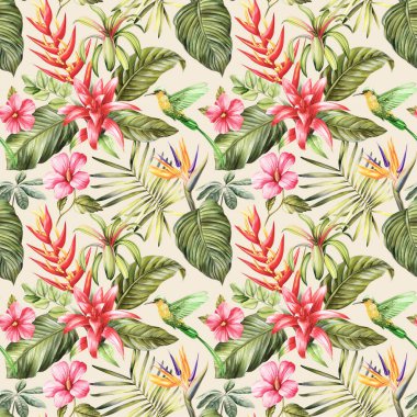 Çiçeksiz desen, duvar kağıdı tropikal yeşil palmiye yaprakları ve cennet çiçeklerinden bir kuş, suluboya botanik arka plan. Yüksek kaliteli illüstrasyon