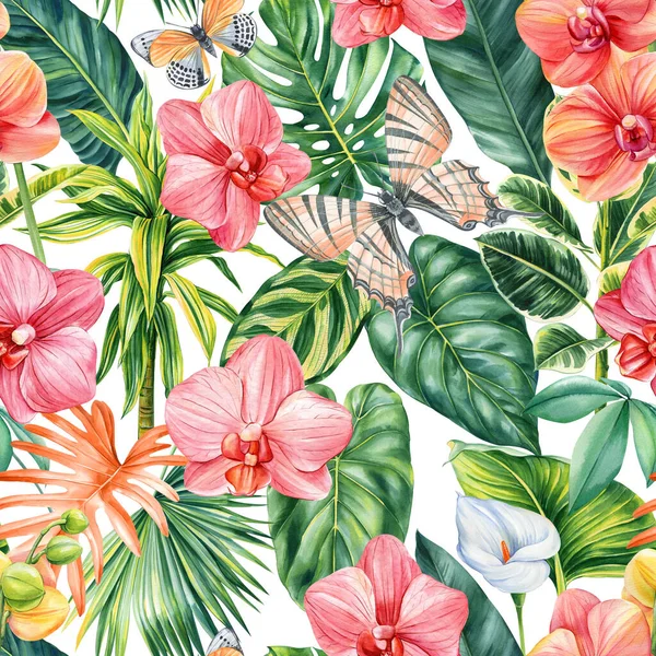 熱帯蝶 蘭の花 ヤシの葉 植物と夏の花の背景の水の色 エキゾチックなシームレスなパターン 高品質のイラスト — ストック写真