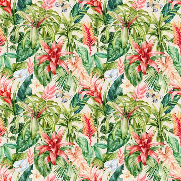 Trópusi Egzotikus Virágok Pálmalevél Akvarell Botanikai Háttér Nyári Zökkenőmentes Minta — Stock Fotó