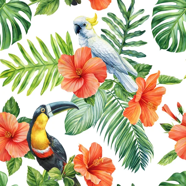 Wasserfarbe Nahtlose Muster Tapete Tropischen Grünen Palmblättern Hibiskus Paradiesblumen Vögel — Stockfoto
