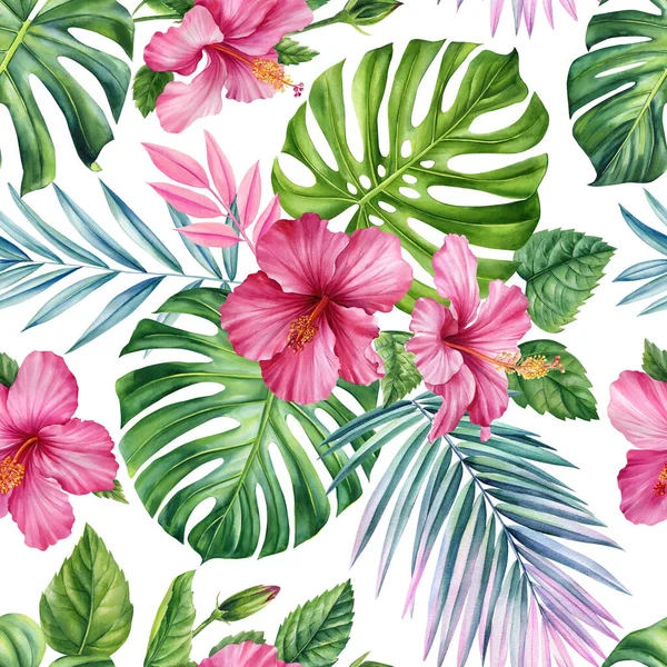 Floral Seamless Pattern Wallpaper Tropical Green Palm Leaves Strelitzia Bird — Stock Photo, Image