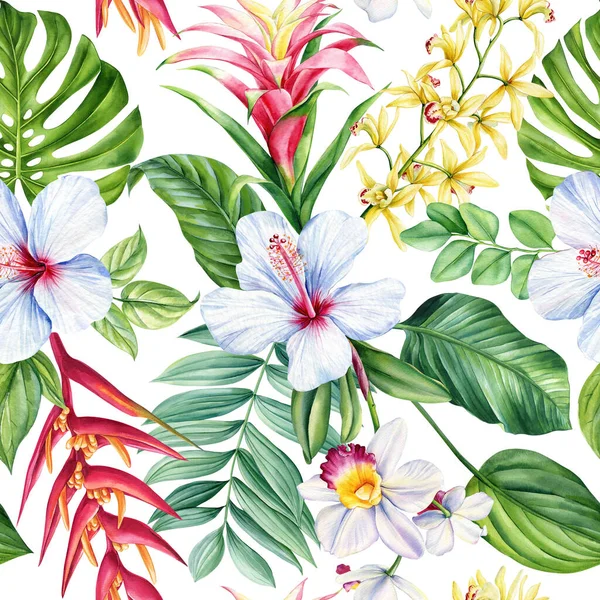 Květinové Bezešvé Vzor Tapety Tropické Zelené Palmové Listy Strelitzia Pták — Stock fotografie