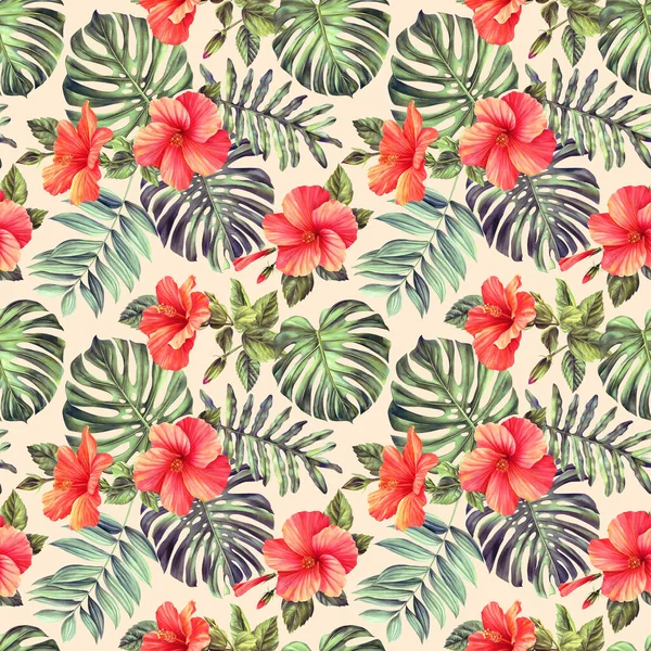 Floral Vintage Seamless Pattern Watercolor Wallpaper Tropical Green Palm Leaves — Stock Photo, Image