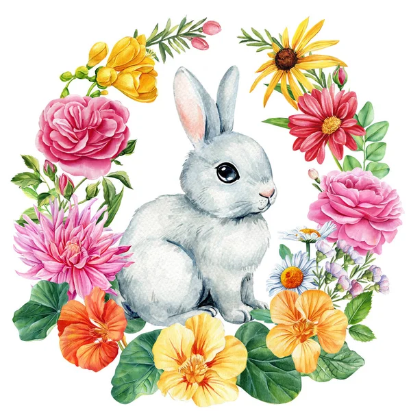 Çiçek Çelengi Yaprak Sevimli Tavşan Beyaz Arka Planda Suluboya Botanik — Stok fotoğraf