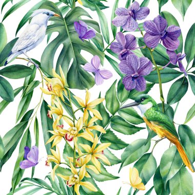 Yaz tropik orkide çiçekleri, kelebek ve palmiye yaprağı. Bitkilerle suluboya çiçek arkaplanı. Yüksek kaliteli illüstrasyon