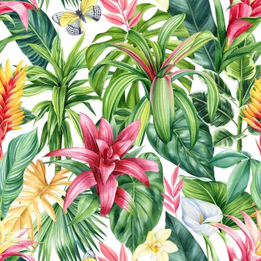 Tropik egzotik çiçekler, palmiye yaprağı. Suluboya botanik geçmişi. Kusursuz yaz şablonu. Egzotik parmak izi. Yüksek kaliteli illüstrasyon