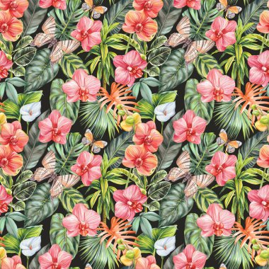 Tropik kelebek, orkide çiçeği, palmiye yaprağı. Bitkilerle suluboya yaz çiçekleri. Egzotik, pürüzsüz desen. Yüksek kaliteli illüstrasyon