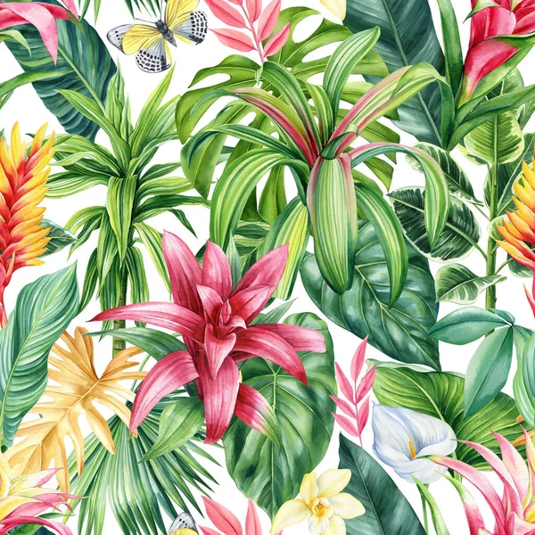 Тропічні Екзотичні Квіти Пальмовий Лист Акварель Ботанічний Фон Літній Безшовний — стокове фото