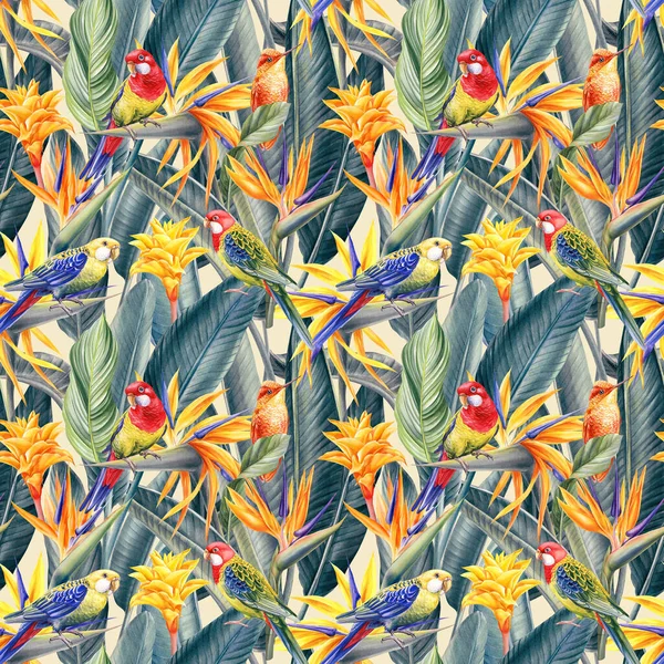 熱帯鳥のオウム ハチドリ ストレリッツィアの花 ヤシの葉 水彩花シームレスパターン エキゾチックな植物 高品質のイラスト — ストック写真