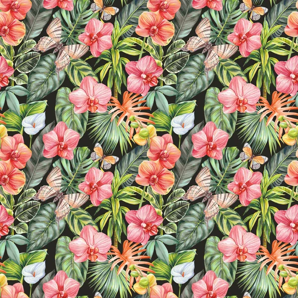 Тропічний Метелик Орхідея Пальмовий Лист Акварель Літній Квітковий Фон Рослинами — стокове фото