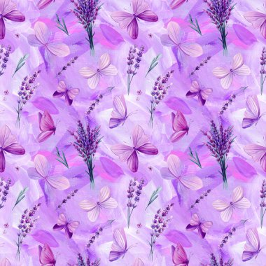Lavanta çiçekleri ve kelebekler, duvar kağıdı, tekstil ve tasarım için kusursuz desen. Soyut yağlı boya tablosu. Yüksek kaliteli illüstrasyon