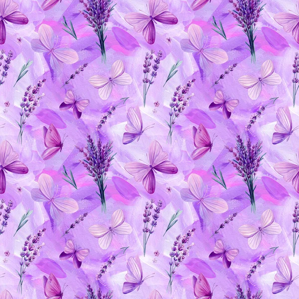 Lawendowe Kwiaty Motyle Bezszwowy Wzór Tapety Tkaniny Design Streszczenie Tła — Zdjęcie stockowe