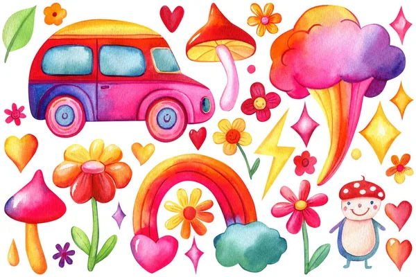 stock image watercolor mushroom fly agaric, flowers, rainbow caplib on isolated white background, Cartoon trendy hippie elements, retro style. High quality illustration