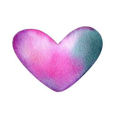 Beyaz arka planda renkli bir kalp, suluboya çizim, tasarım elementi. Yüksek kaliteli illüstrasyon