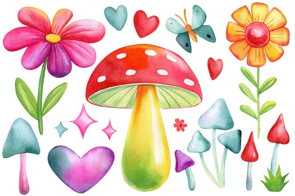 水色蘑菇果蝇 彩虹在孤立的白色背景上 卡通时髦嬉皮士元素 复古风格 高质量的例证 — 图库照片