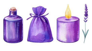 Lavanta seti. Çiçek, mum, poşet ve şişe izole edilmiş beyaz arka plan, suluboya el çizimi. Yüksek kaliteli illüstrasyon