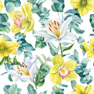 Tropik desenler, palmiye yaprakları ve çiçeklerle kusursuz tropikal desenler. Botanik boyası suluboya. Yüksek kaliteli illüstrasyon