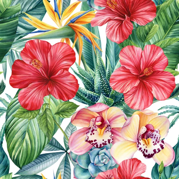 Tropical patterns, Seamless tropical pattern with palm leaves and flowers. Botanical painting watercolor . High quality illustration