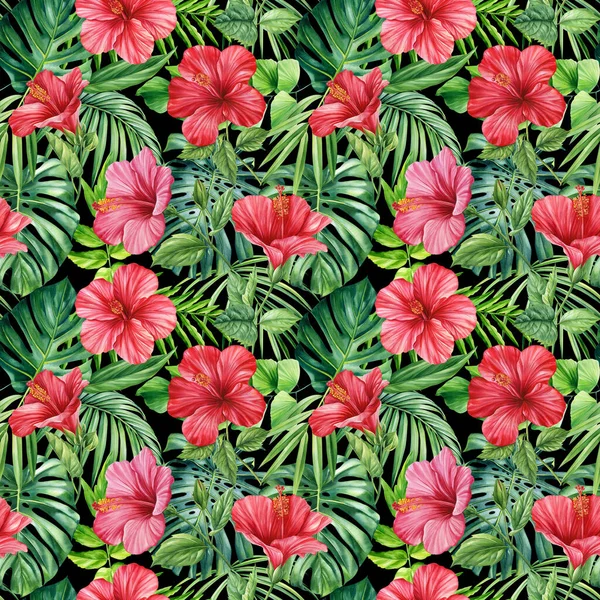 热带夏花芙蓉 热带多彩的花 奇异的丛林壁纸 水彩植物无缝图案 高质量的例证 — 图库照片